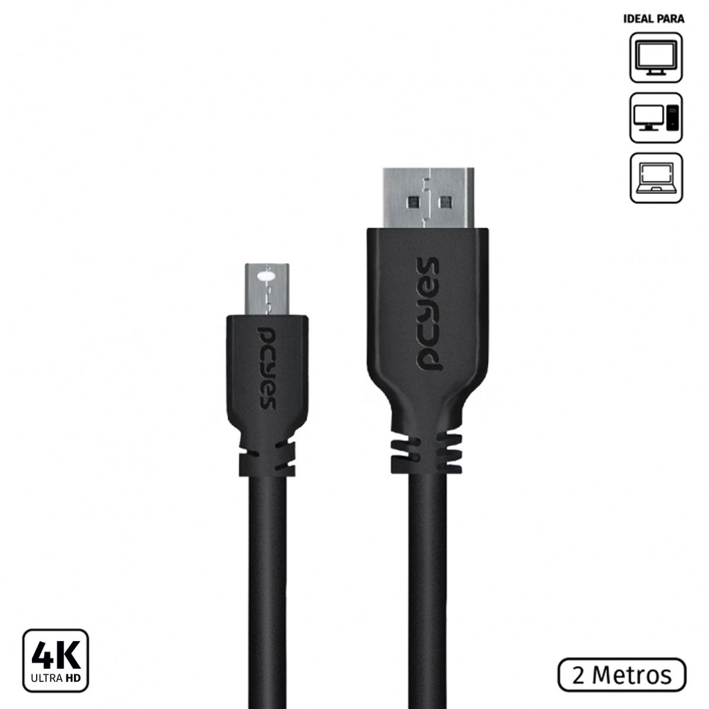 Cabo Mini Displayport Macho Para Displayport Macho V.1.2 28awg Puro Cobre 2 Metros - Pmddpm-2