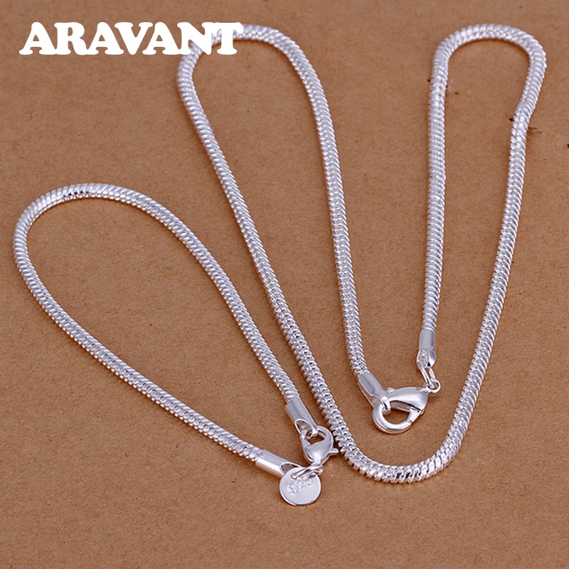 Aravant 925 Prata 3MM Correntes De Cobra Colares Conjunto De Pulseiras Para Mulheres Homens Jóias De Moda