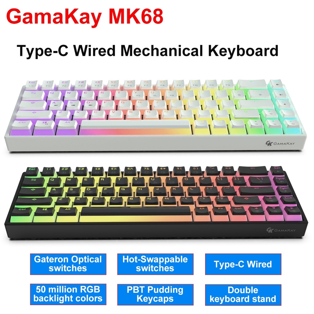 GamaKay MK68 Teclado Mecânico Com Fio Tipo C Interruptor Óptico NKRO RGB 68 Chaves 65 % Teclados De Jogo De Pudim Swappable Quente
