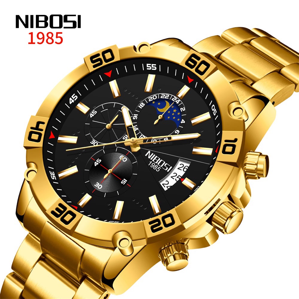 Relógio NIBOSI Masculino De Luxo Ouro Inoxidável À Prova D'água em Oferta na Shopee
