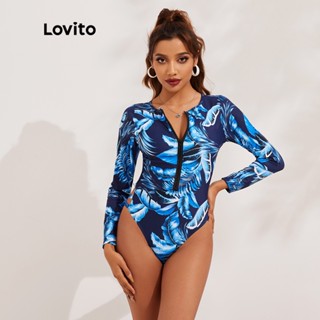 Lovito Maiô Boho Skinny com Zíper Plantas Manga Longa de Alongamento Alto e Alomofada Removeis L13X099 (Azul)