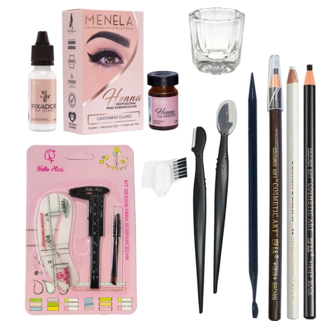 Kit Henna Menela Navalhas Macrilan 3 Lapis Dermatografico Dappen Paquimetro Palito Moldes Pincel