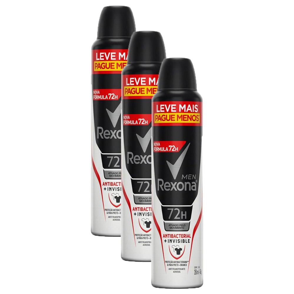 Kit 3 Desodorantes Antitranspirante Aerosol Masculino Rexona Antibacterial + Invisible 72 horas 250ml