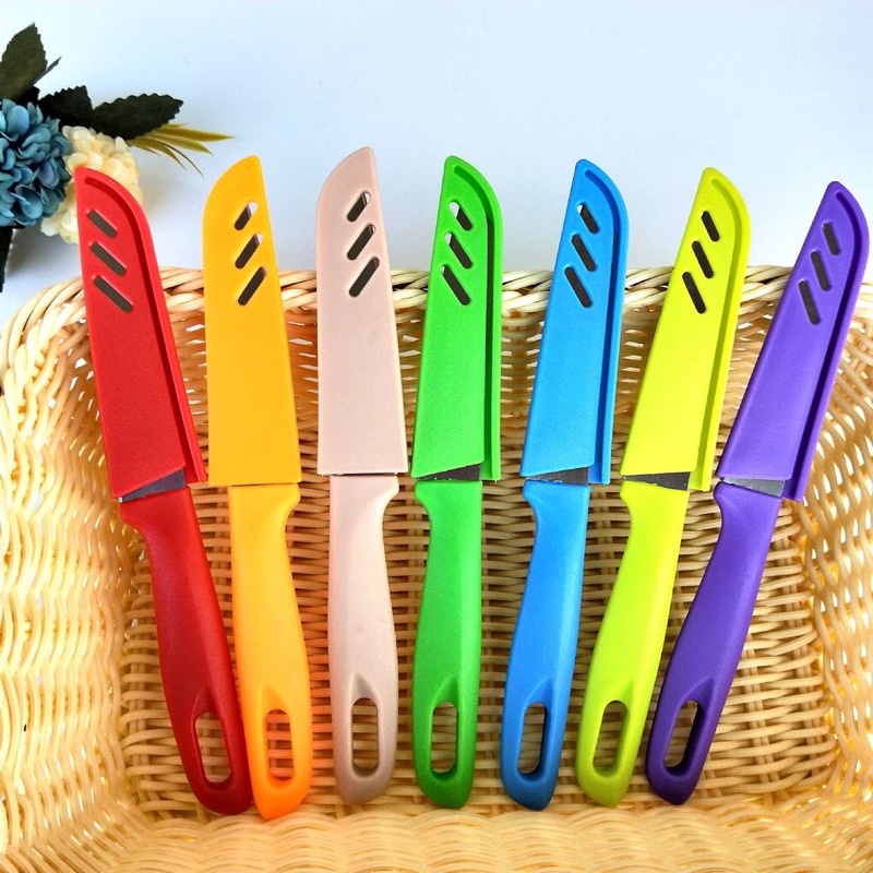 kit 5 Faca Aço Inox Afiada com Bainha Capa Protetora Cozinha Pesca Camping Faquinha Colorida