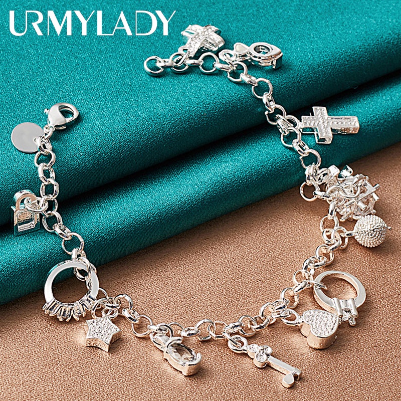 URMYLADY 925 Sterling Silver Lock Moon Heart Cross Charm Chain 20CM Pulseira Para Mulheres Homem Casamento Festa De Noivado Moda Joias