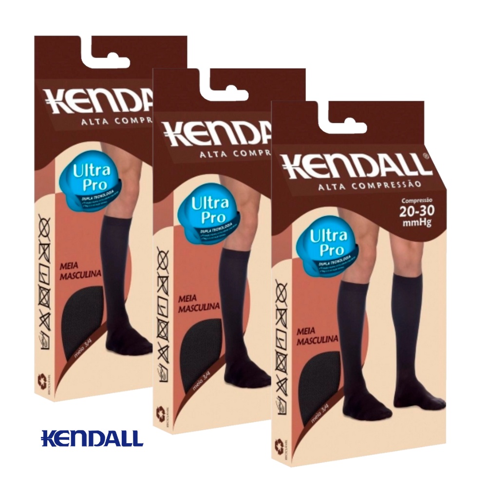Kit 3 Meias 3/4 Alta Compressao Kendall Ultra Pro Original Masculina Com Ponteira Para Inchaco e Varizes 20-30Mmhg