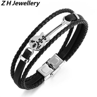 [Z H Bijuteria] Vintage Moda Masculina Guitarra Couro Pulseira Hip Hop Festa Joias Acessórios