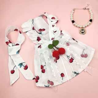 Vestido De Cachorro Para Shih Tzu Feminino Fofo Cereja Estampa Gravata Aniversário Princesa Tutu Pet Gato Casamento Roupa Branca
