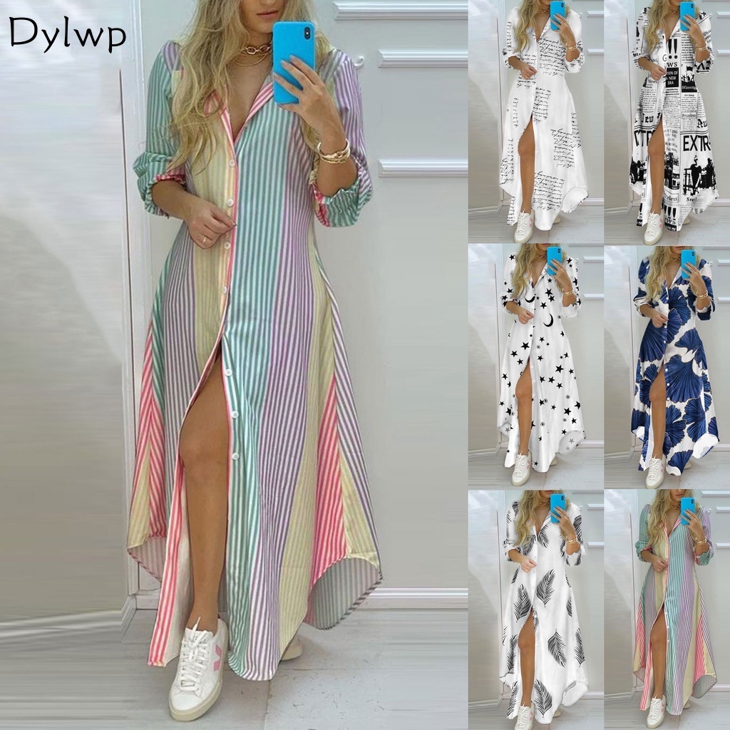 Vestido Longo Feminino Com Listrada Estampa E Botões Solto Casual