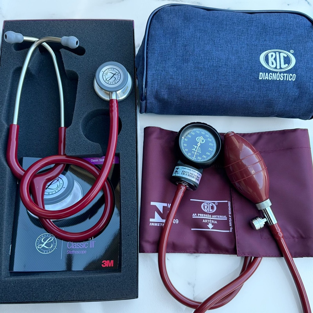 Conjunto Estetoscópio Littmann Classic III 5627 Vinho + Ap. Pressão Bic com Estojo