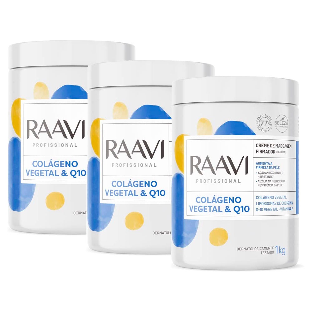 Kit 03 Creme De Massagem Colágeno Vegetal E Q10 Raavi 1kg