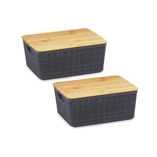 Kit 2 caixas organizadoras com tampa de bambu multiuso cinza 12L - Oikos