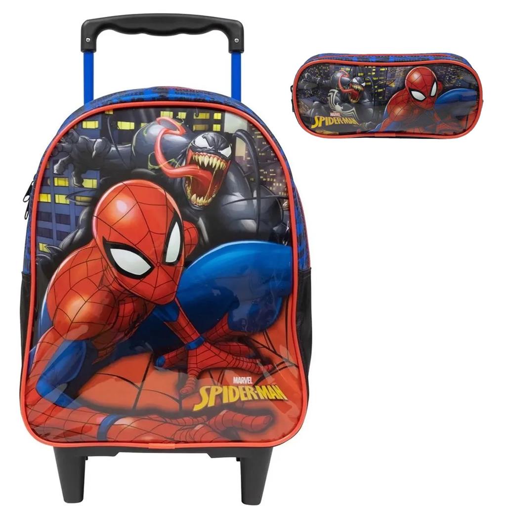 Kit Mochila Mochilete Escolar Homem Aranha Spiderman Rodinhas Infantil Tamanho Grande Com Estojo Duplo