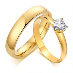 Vnox Gold Heart Shape Zircon Anel De Noivado , Aço Inoxidável Para Amantes De Casal
