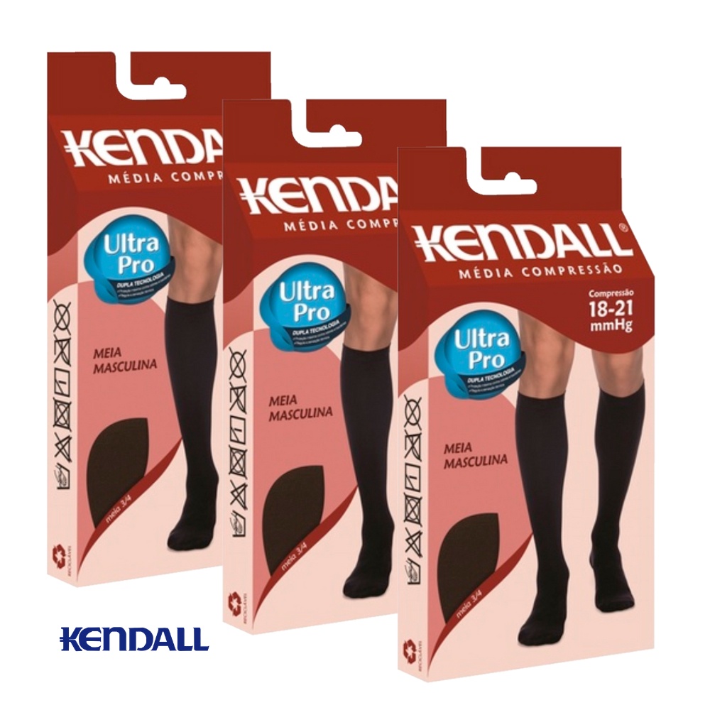 Kit Com 3 Meias 3/4 Média Compressão Kendall Ultra Pro Original Masculina Com Ponteira 20-30Mmhg
