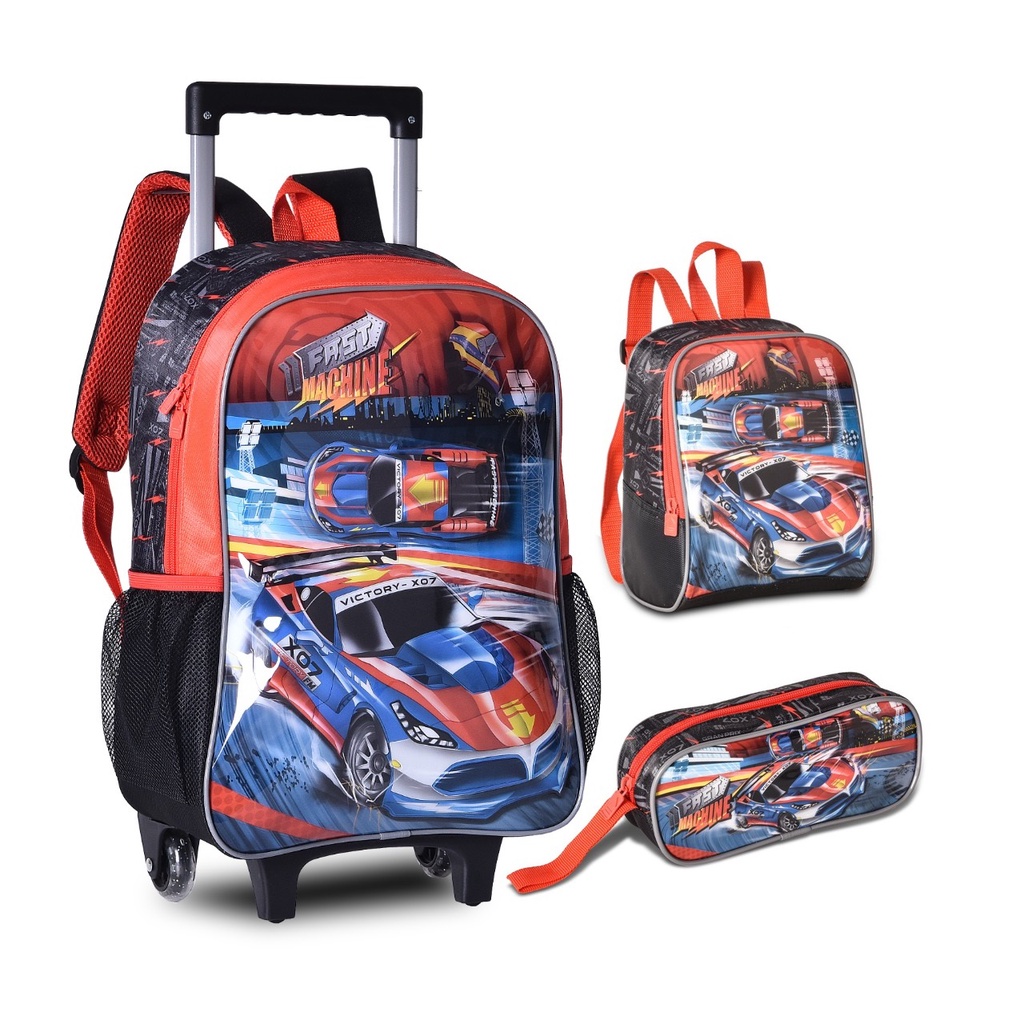 MOCHILA ESTOJO E LANCHEIRA ESCOLAR CARROS FAST MACHINE