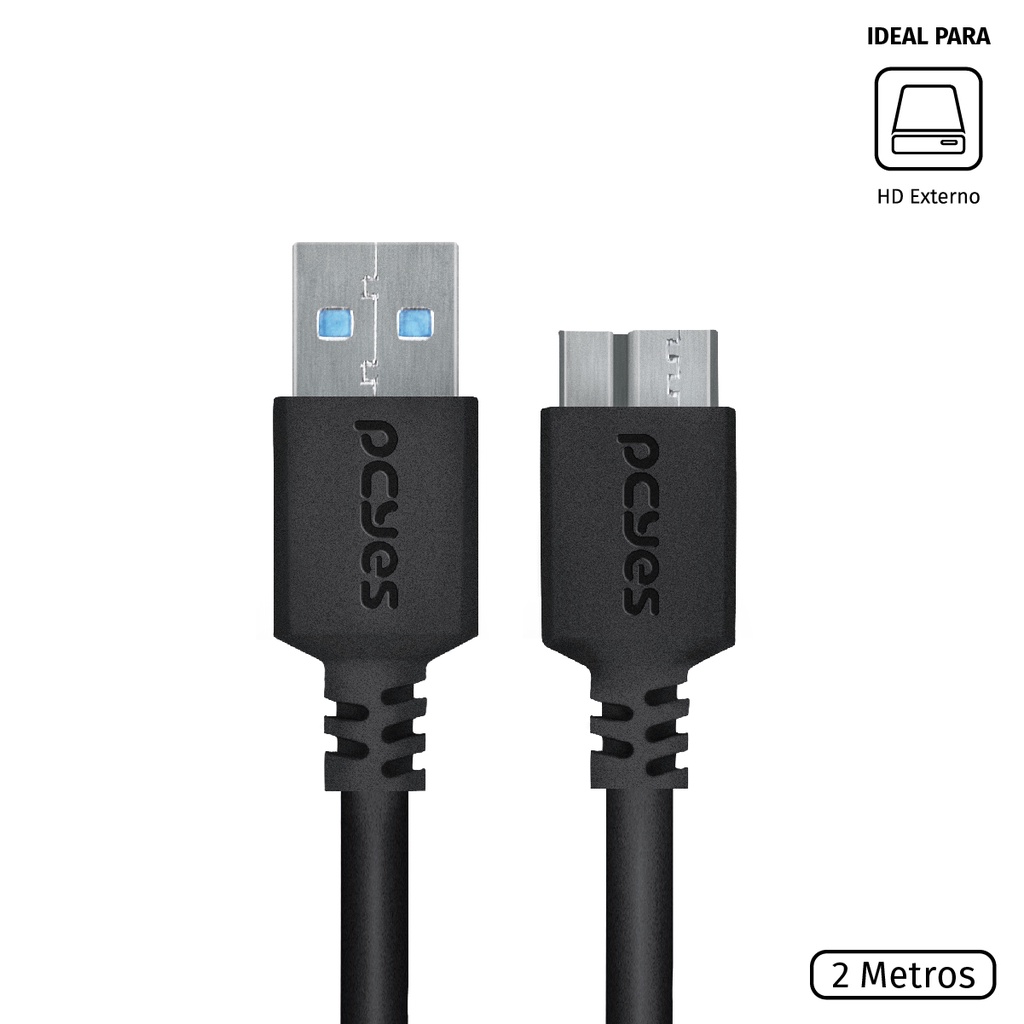 Cabo Para Hd Externo Usb A 3.0 Macho Para Micro Usb B 3.0 (10 Pinos) Macho 28awg Puro Cobre 2 Metros - Puamcm3-2