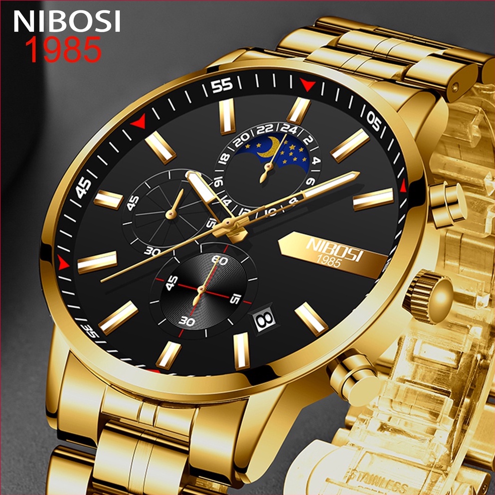 NIBOSI Relógio Masculino Cronógrafo Dourado, Fase Da Lua, Data, Exibição, Relógio Masculino