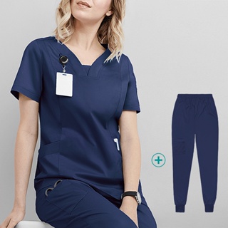 【 Shirt + Pants 】 New Fato De Moda Feminino Esfregar Manga Curta Camiseta De Bolso Em V + Calça De Jogging Roupa De Trabalho Enfermeira Uniforme Médico em Oferta na Shopee