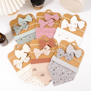 3Pcs/Conjunto Muslin Cotton Baby Bibs Recém Nascido Laços Faixa De Cabeça Triângulo Saliva Toalha Infantil Menino Menina Alimentando Burp Cloth Hair Accessories em Oferta na Shopee