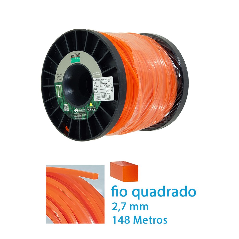 Fio Nylon Quadrado Roçadeira Grama 2,7mm 148 Metros 1kg Ekilon