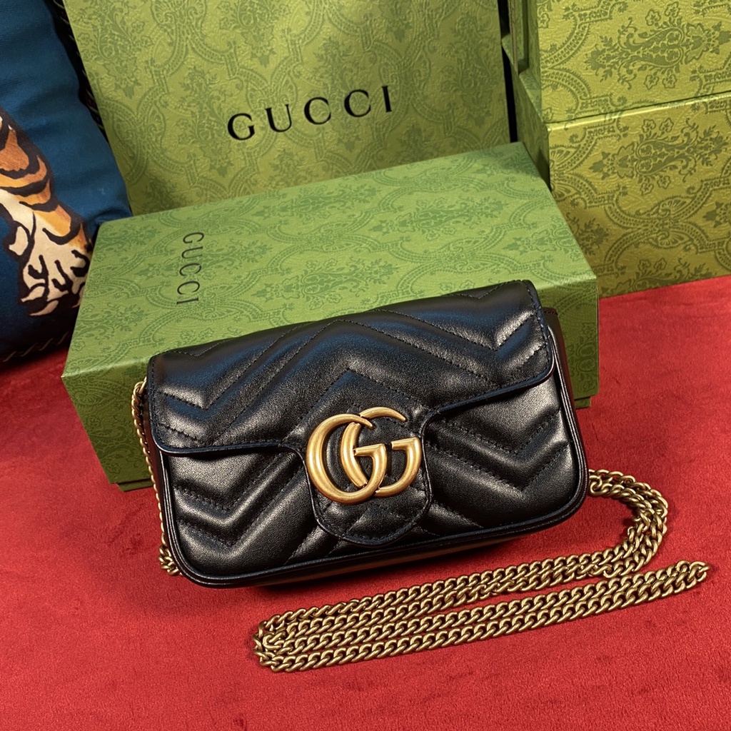 Pronto para enviar] 100% original e autêntica bolsa de ombro Gucci Bolsa de  corrente de padrão de onda Marmont 446744 novo estilo de moda preta e bolsa  elegante UFzC