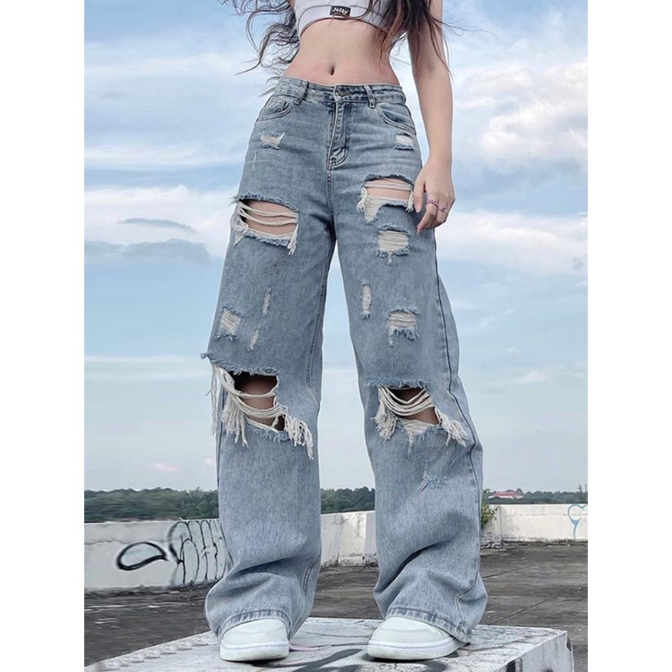 Weiyao Streetwear Calça Jeans Rasgado Feminina Cintura Média Folgada Perna  Larga Y2k Verão Plus Size High Stre - Escorrega o Preço