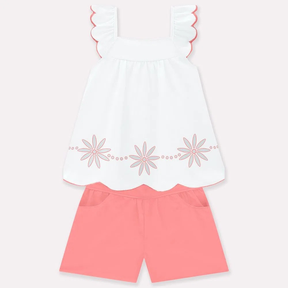 Roupa Infantil Conjunto Milon Blusinha Feminina Mais Shortinho Tecido Mangas Com Babados Menina