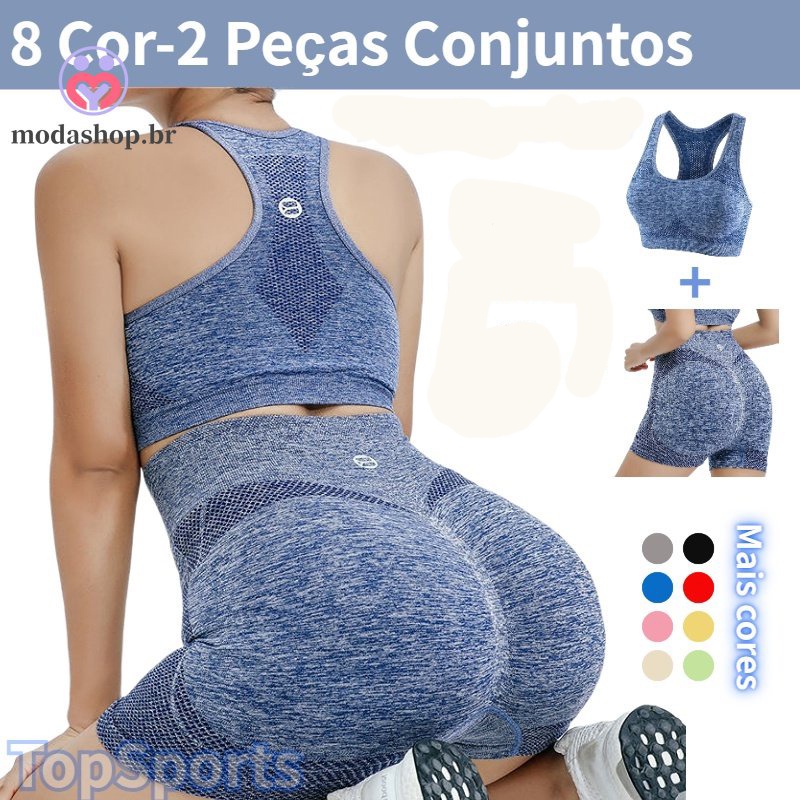 2 Peças Conjuntos Academia Fitness Feminino Leggings Top Bra Shorts Levanta Bumbum