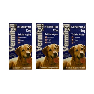 Kit 3x Vermitril Max 12 mg Contra Pulgas, Sarnas e Carrapatos P/ Cães 40 a 60 kg