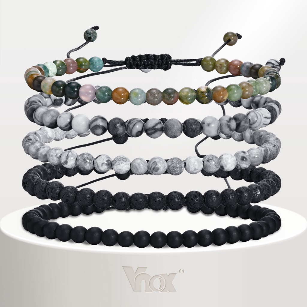 VNOX 4mm/6mm Pulseira De Pedra Mármore Preto Ajustável Para Homens , Vulcânica Ágata Natural Presente Com Miçangas