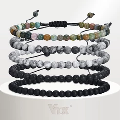 VNOX 4mm/6mm Pulseira De Pedra Mármore Preto Ajustável Para Homens , Vulcânica Ágata Natural Presente Com Miçangas