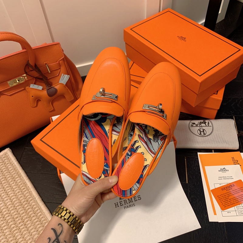 Chinelos Hermes Casal Laranja Pele De Bezerro Moda Casual Sapatos Femininos