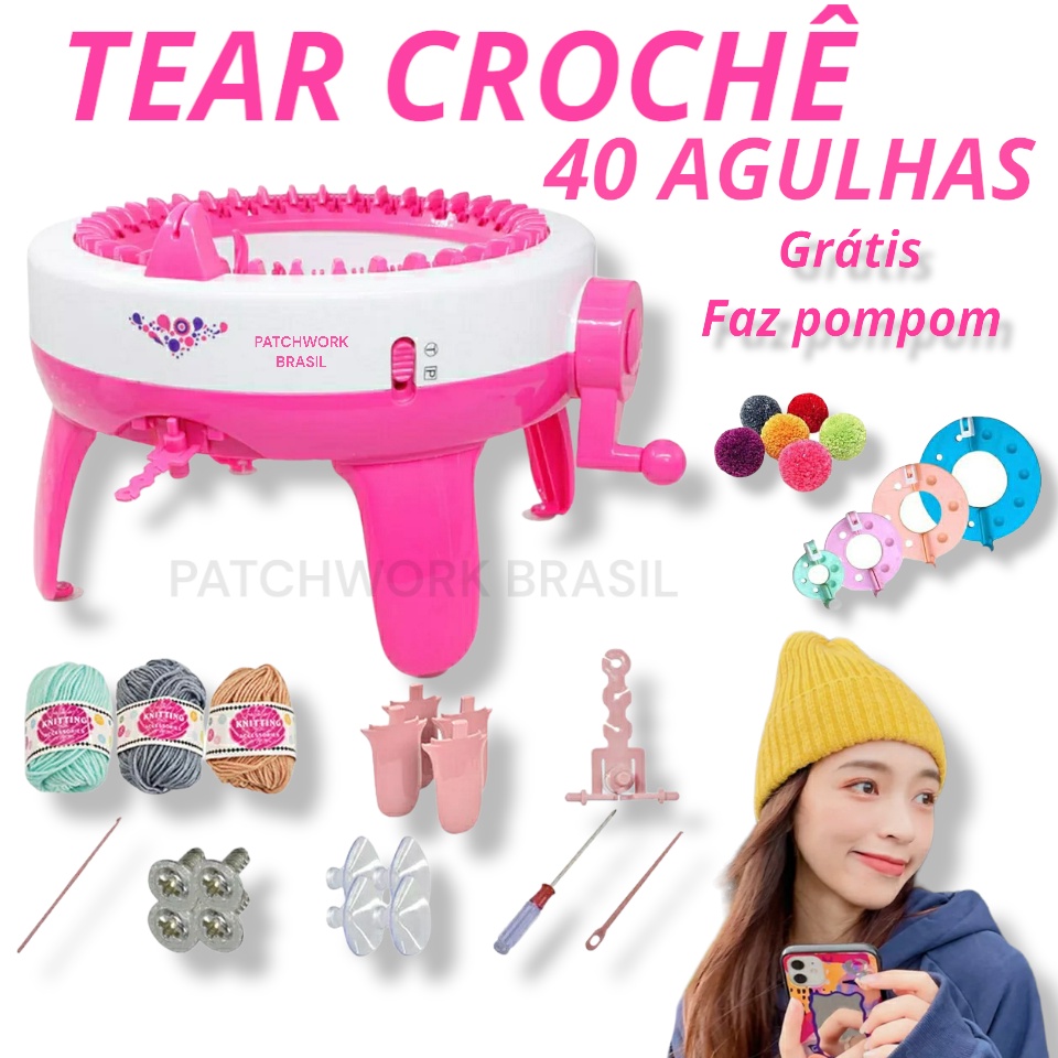 TEAR DE MANIVELA MÁQUINA  DE TRICÔ FAZER GORROS E TOUCAS 40 AGULHAS KIT FAZ POMPOM GRÁTIS costura papelaria