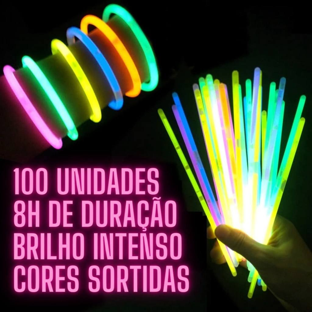 100 Pulseiras Neon Alto Brilho Fluorescente Festa Balada Led Brilha No Escuro Kit Tubo Shopee 7052