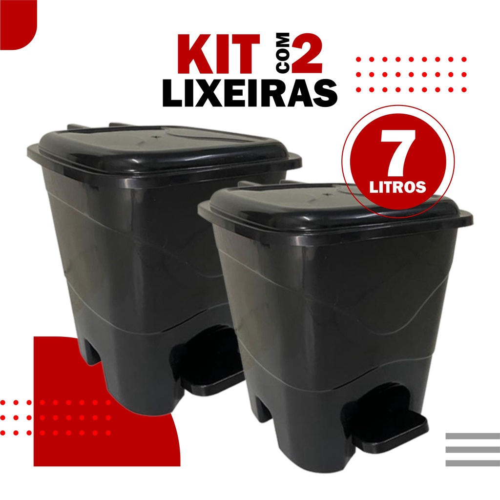 Lixeira Pedal 7l Preta Kit 2 Unidades Cozinha Banheiro Lavanderia Escritório em Oferta na Shopee