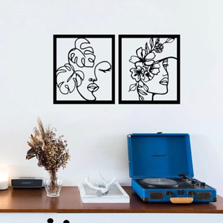 Quadro Rostos Minimalistas Mdf Preto Flores Natureza Delicado