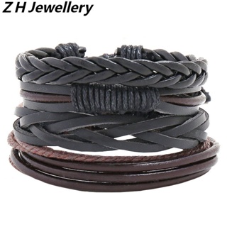 [Z H Bijuteria] 4PC/1 Conjunto De Hip Hop Rock Retro Pulseira De Couro Para Homens Acessórios De Jóias em Oferta na Shopee