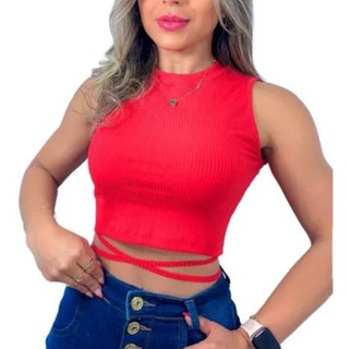 Cropped Top Blusinha Gola Alta Trançada Malha Canelada