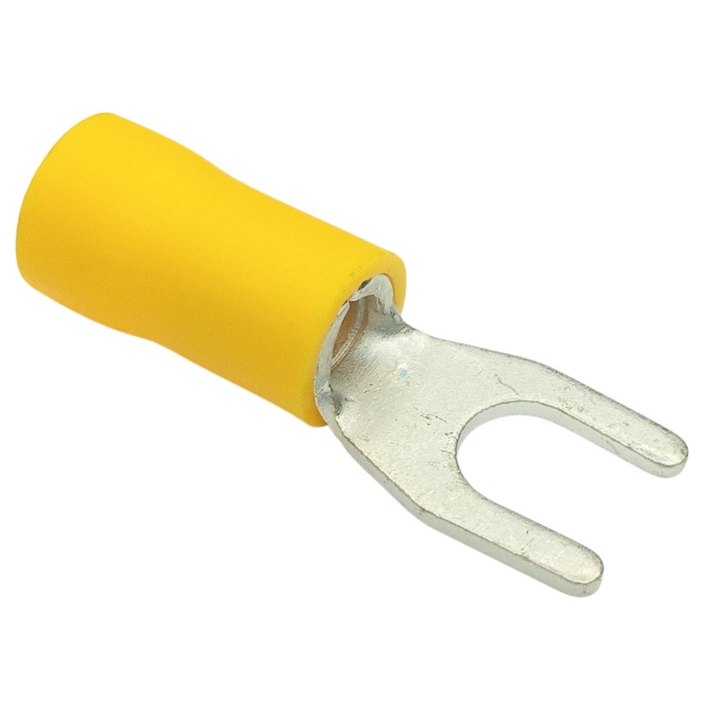 Kit 100 Peças Terminal Conector Forquilha Garfo Pré Isolado Amarelo Cabo Nylon Energia Elétrico 4mm a 6mm