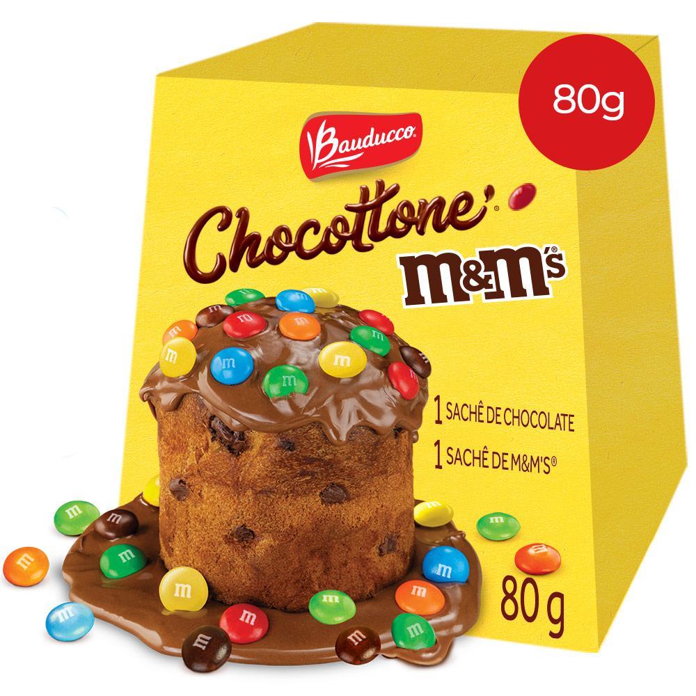 Kit Panettone com Gotas de Chocolate 80g + Sachê de Cobertura Chocolate com Avelã 25g Bauducco Chocottone + Sachê de Confeitos M&M'S 20g