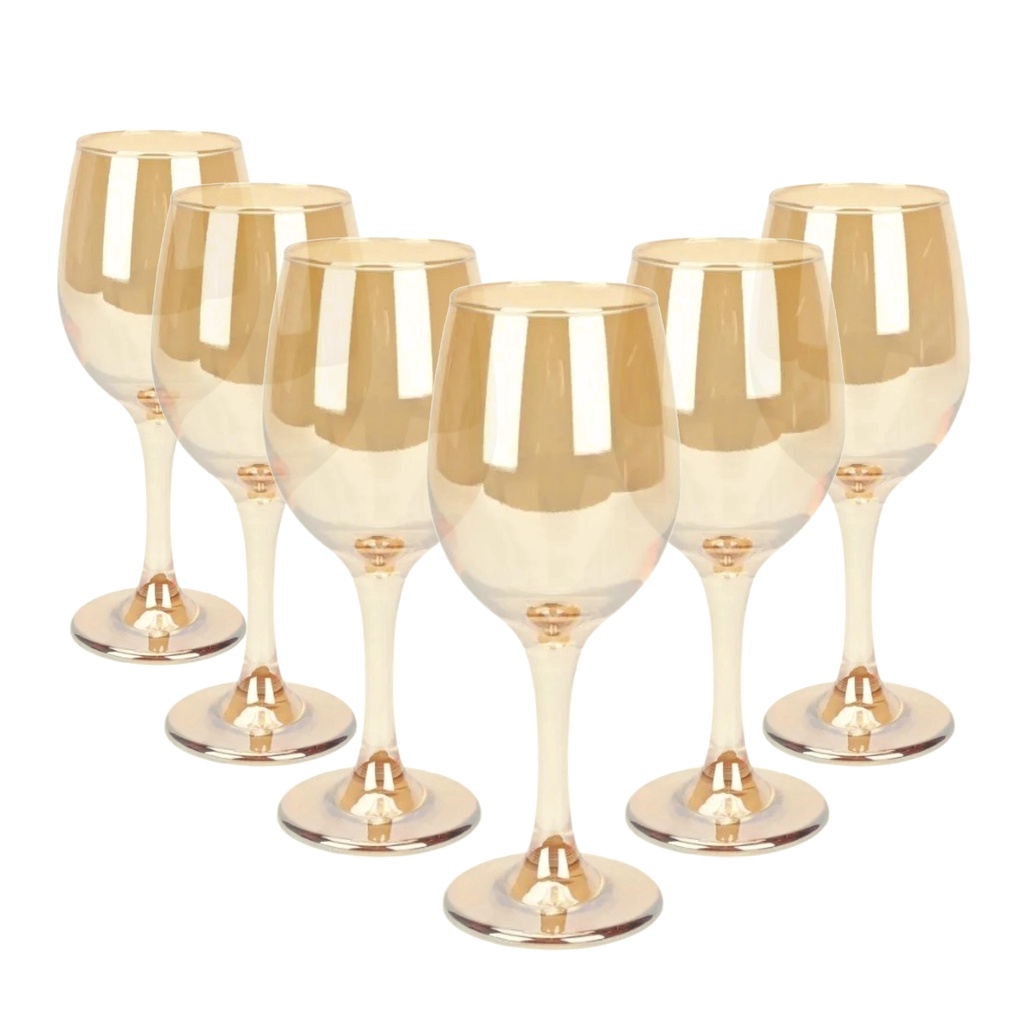 Jogo 6 Taças de Vidro Dourado Espelhado P/ Água Vinho 330ml