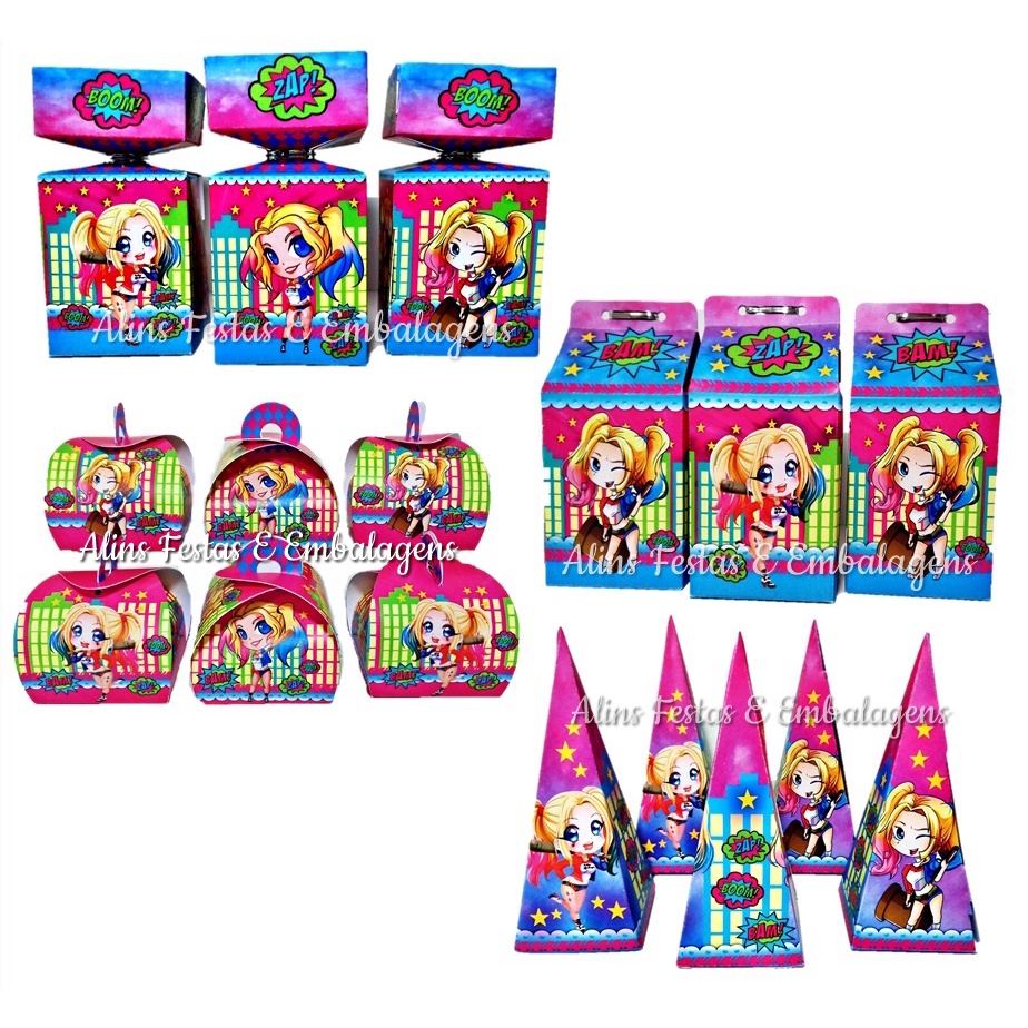 Kit Lembrancinhas Arlequina Cute Papelaria 20 Caixinhas Festa Fácil Arlequina Cute Decoração Festa.