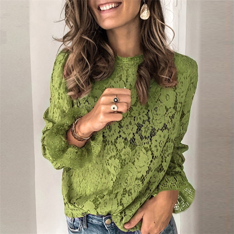2023 Primavera Manga Trompete Longa Camisa De Renda Oca Feminina Top Casual Camiseta