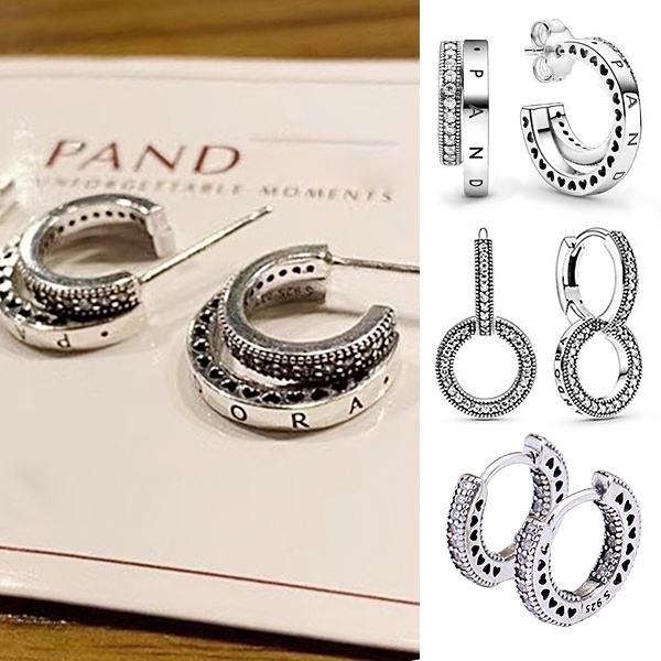 Brinco Pandora Argola Dupla Em coração Pavé Est de Prata 925