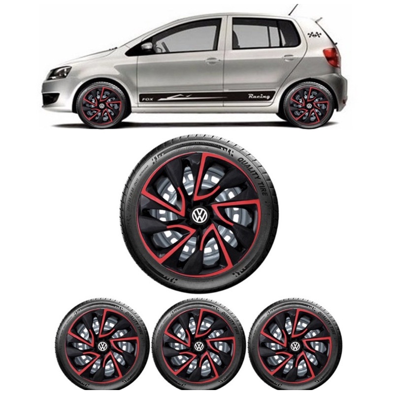 Jogo 4 Calotas Esportiva Aro 15 VW Fox Gol Up Polo DS4 Black Red Cup Vermelho