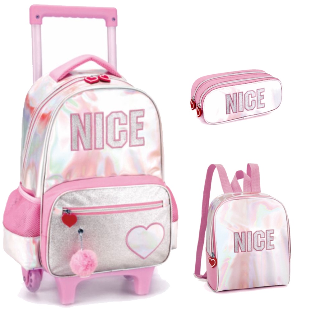 Kit Mochila Mochilete Infantil Escolar Juvenil Meninas Tamanho Grande Nice Com Pompom Rosa Rodinhas Com Lancheira Termica Estojo Duplo