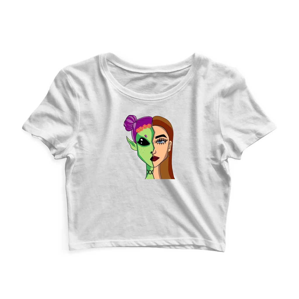 Cropped Blusinha As Braba Meia Mulher Meia Alien Branco