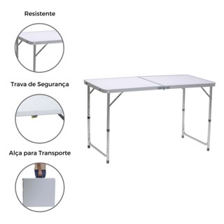 Mesa Dobrável De Alumínio Leve Com Tampo De Mdf Que Vira Maleta Com Alça Para Camping Praia Churrasco 120X60cm Branco