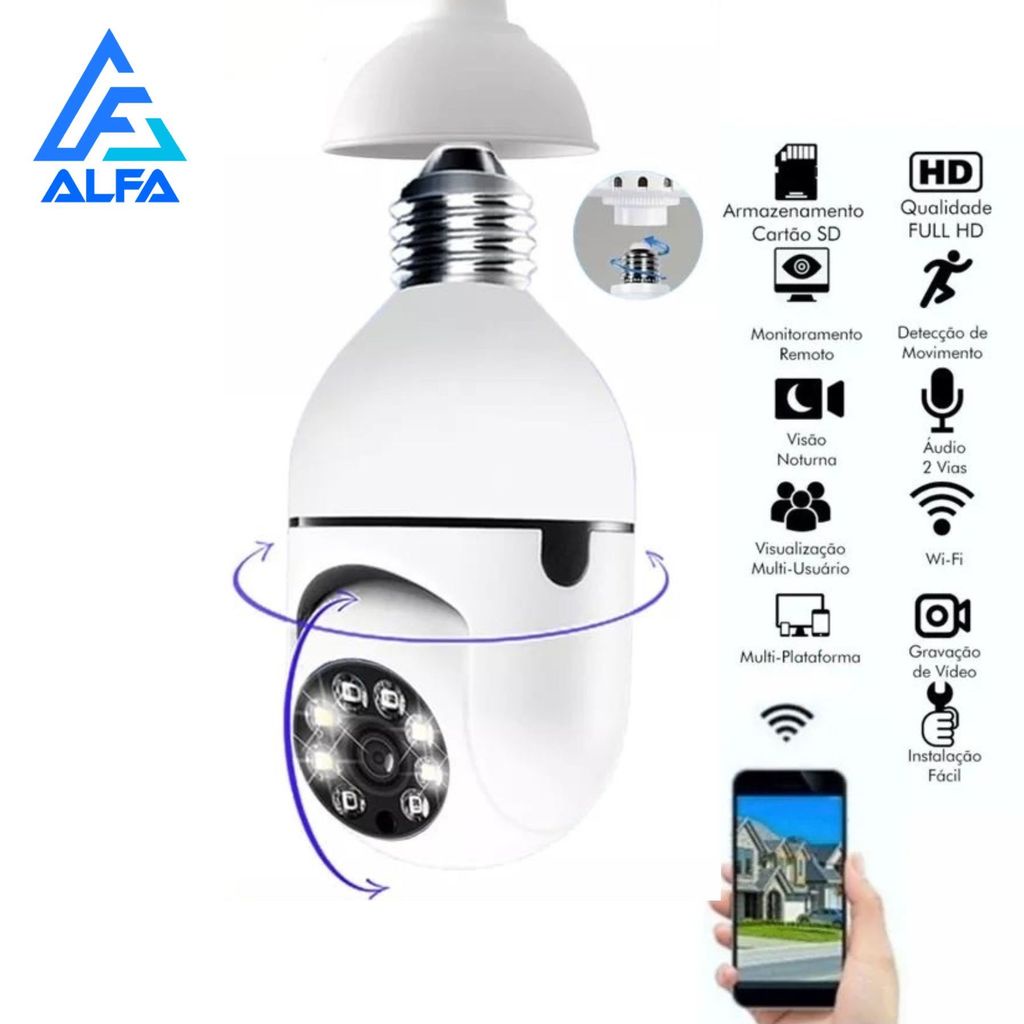 Câmera Wifi IP Sem Fio Giratória 360 Com Encaixe Lampada Bocal Rosca Yoosee Ptz Full HD Visão Noturna Segurança E27